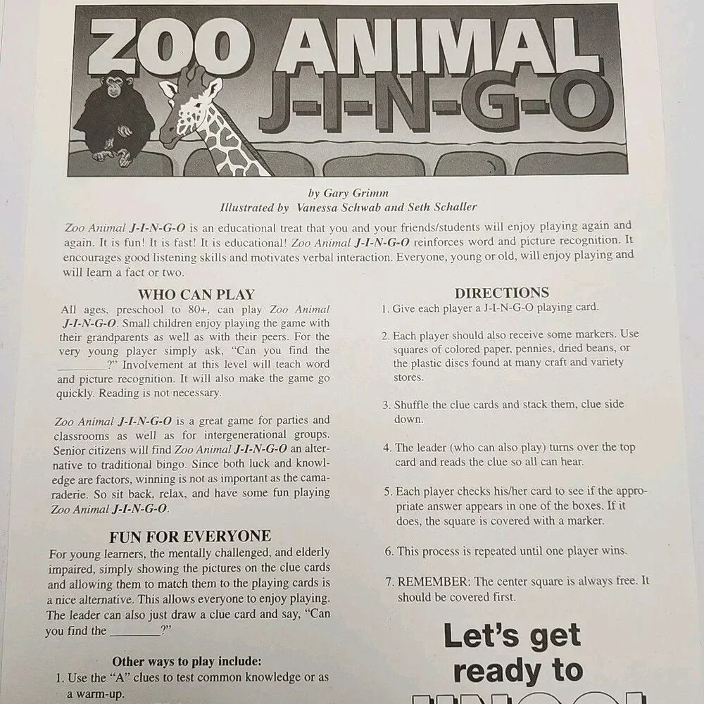Zoo Animal JINGO Bingo Style Game Gary Grimm & Assoc GGA096 Children Kids 2000